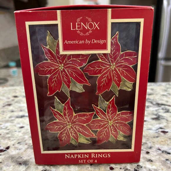 Lenox Poinsettia Napkin Rings Red And Gold Set of 4 - Picture 1 of 5